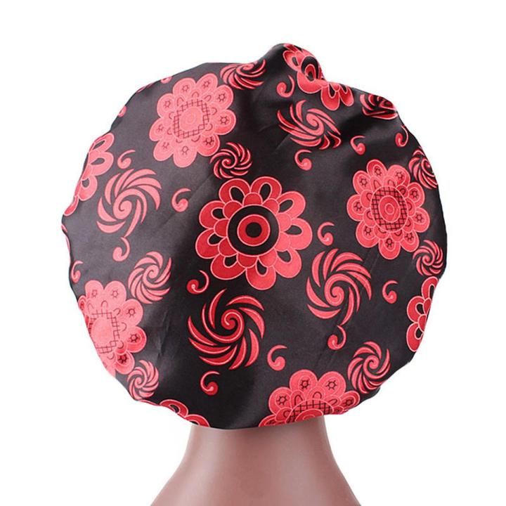 Women Fashionable Floral Print Satin Wide Edges Sleep Caps Hair Care Bonnet