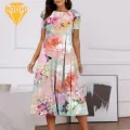 Women Long Dress Floral Print A-line Midi Dress with Pockets for Women Plus Size Summer Dress with Soft Fabric Breathable Design Stylish O Neck Short Sleeves Lady Midi Dress for Fashionistas Floral. 