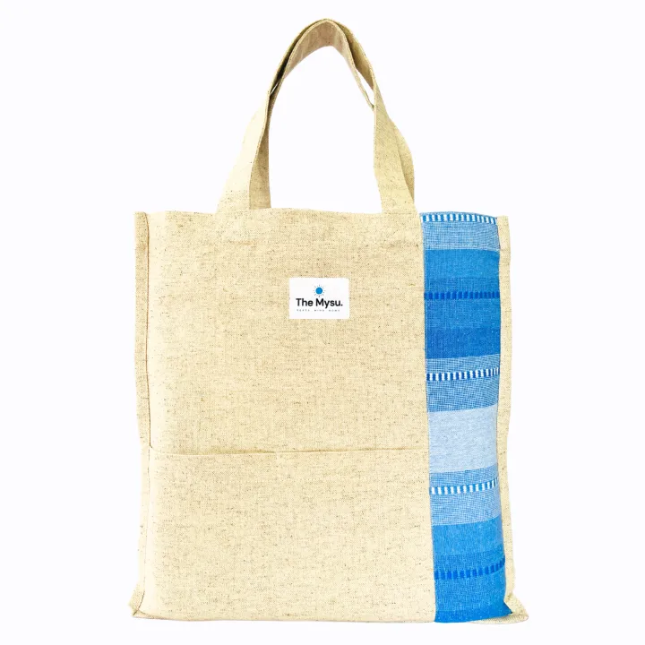 THE MYSU Heavy Duty Canvas Tote Bag - Blue Stripe (Right) - 14.5 inches (L) * 3 inches (W) * 16 inches (H)