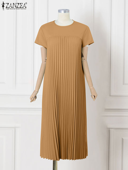 ZANZEA 2025 Fashion Summer Dress Women Short Sleeve Solid Pleated Dresses  Stylish Casual Holiday Beach Midi Sundress Vestidos