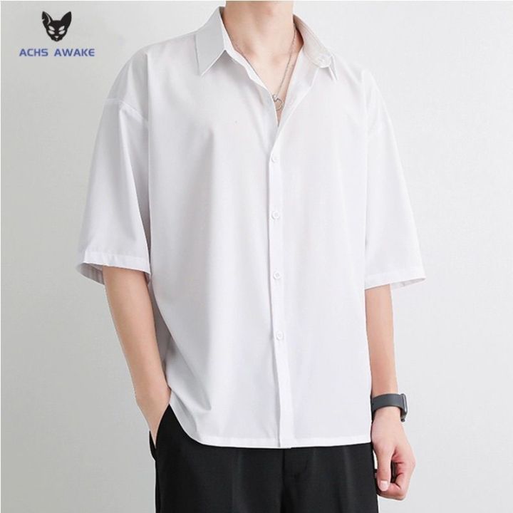 ACHS%20AWAKE%20Black%20Shirt%20Men's%20Short-Sleeved%20Summer%20Senior%20Pu%20Handsome%20Men's%20Casual%20Men's%20Clothing%20White%20Shirt%20Trendy%20Boys%20-%20Image%202
