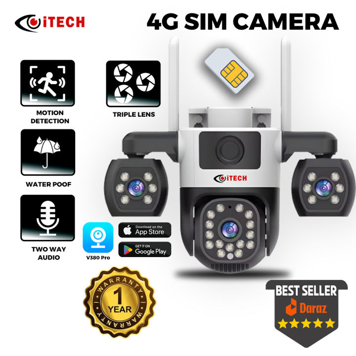 ITECH 4G TRIPLE LENS Camera V380 Pro IP Camera Outdoor 12MP 6K Triple Lenses Triple Screens Security Video Monitor Night Vision Waterproof CCTV Cameras