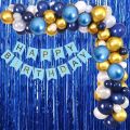 48 Balloons Decoration Kit, Blue Metallic Fringe Curtains 2,Happy Birthday Banner (5ft) with HD Metallic Balloons(45 pcs)(15 Blue, 15 White & 15 Golden). 