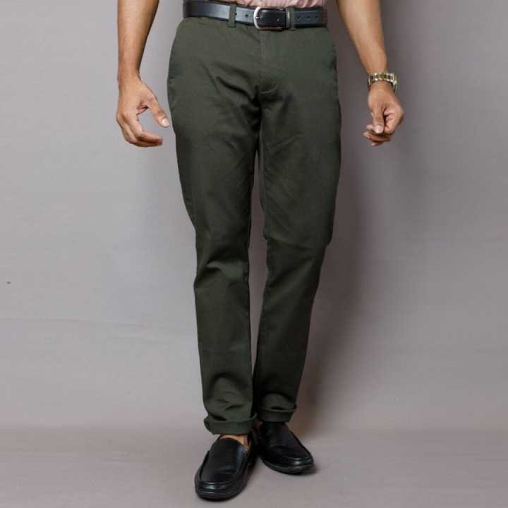 Stripes & Checks Olive Green Chinos - Slim Fit