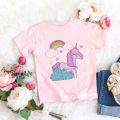 New Lovely Rainbow Unicorn Animal Print Pink Girl T-Shirt Summer Children's Clothes Cute Short Sleeve T Shirt Toddler Kids Teen. 