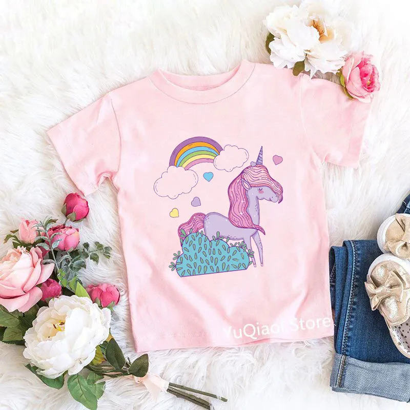 New Lovely Rainbow Unicorn Animal Print Pink Girl T-Shirt Summer