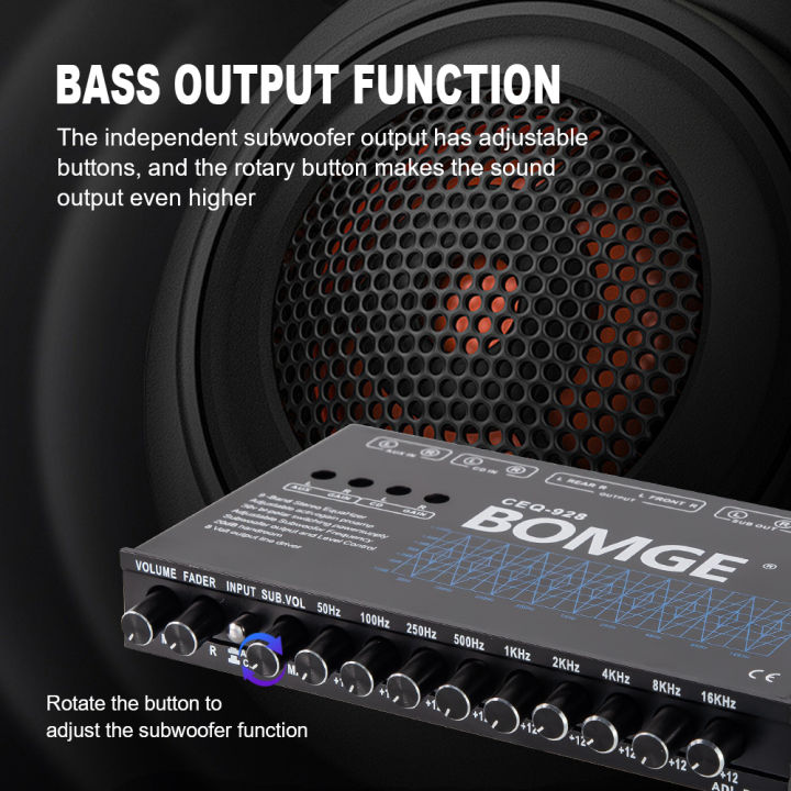 BOMGE%209-Band%20Car%20Audio%20Equalizer,%20Car%20Graphic%20Equalizer%20EQ%20W/Front,%20Rear%20+%20Sub%20Output,%208V%20RMS%20Line%20Driver,%20Adjustable%20Audio%20Output%20for%20Car,%20Boat,%20W/CD/AUX%20Input%20Select%20&%20White%20Light%20Illumination%20-%20Image%202