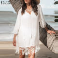 【FOOT SOFA】Womens Solid V-Neck 3/4 Sleeve Dress Holiday Beach Tassel Patchwork Mini Sundress #15. 