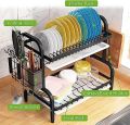 2-Tier Dish Rack Storage Box with Cutlery Knife Holder and Cutting Board Holder Anti-Rust Cutlery Drainer with Removable Drain Plate for Kitchen Counter Storage. 