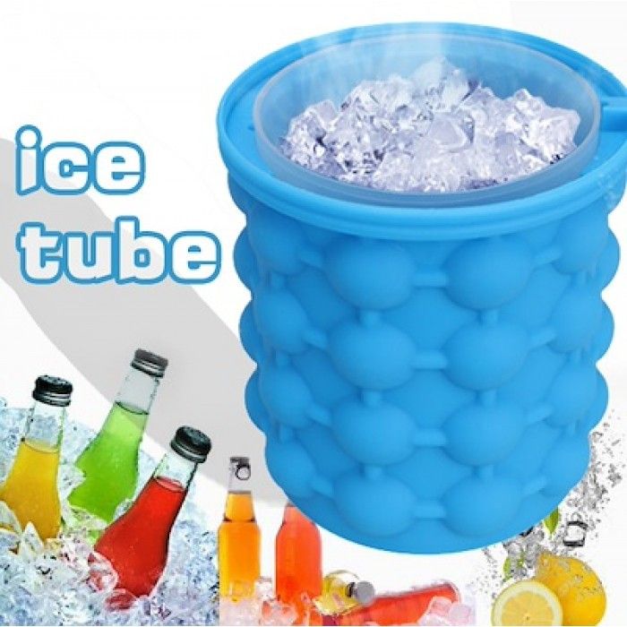 Ice Genie New & Improved- The Original Ice Cube Maker, Now Larger Cubes, Silicone Bucket With Lid, Use Indoors/Outdoors, Bottled Beverage Cooler As Seen on TV