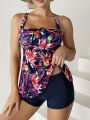 2023 Floral Printed Tankini Set Two Piece Swimsuit Short Women Drawstring Swimwear Female Bathing Suit Beachwear Swimming Summer. 