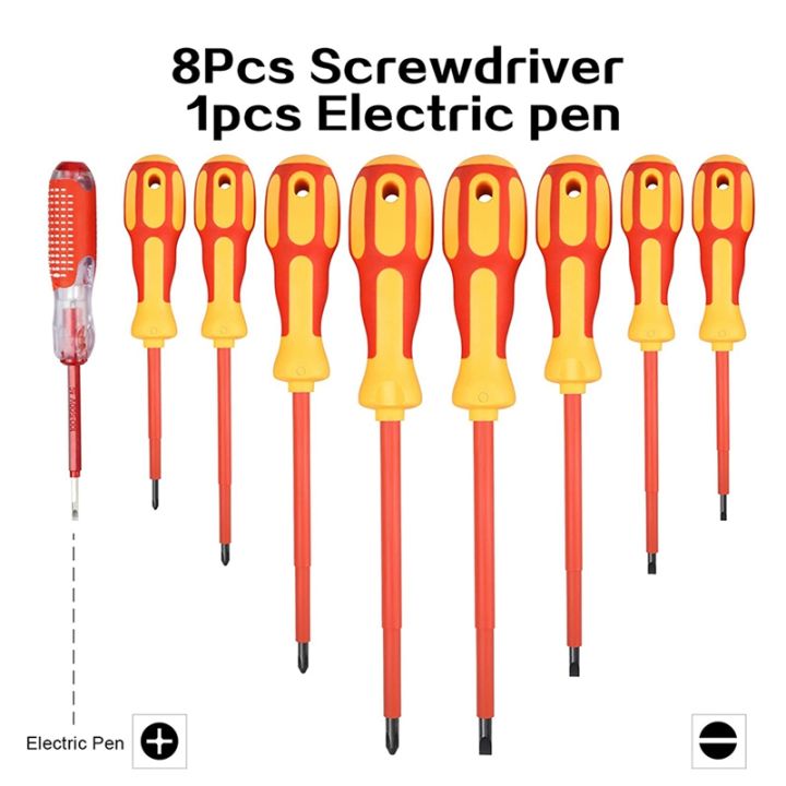 9 Piece 1000V Insulated Electrician Screwdrivers Set with Magnetic Tips and 1 Test Pen Electrical Screwdriver Set