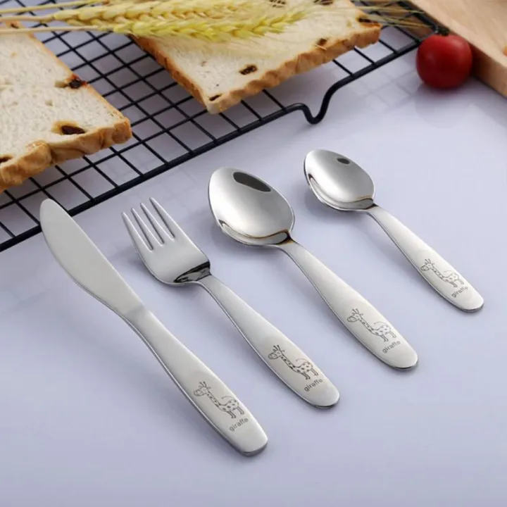 【KuaKe Mall】4PCS/pack Stainless Steel Cutlery Pattern Carving Children Tableware Western-style Spoon Fork Set Baby Flatware