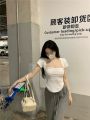 Hong Kong Style Square Collar T T-shirt Women's Autumn Pure Desire Short Model in White Color Slim Fit Sexy Hot Girl Short Sleeve Design Blouse. 