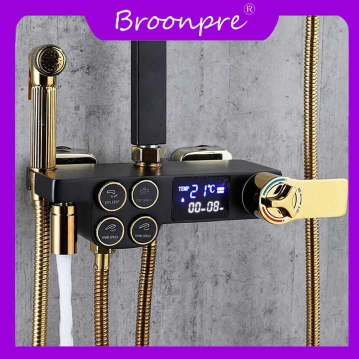 BROONPRE%20%20Bathroom%20Shower%20Set,%20White%20Gold%20Thermostatic%20Shower%20System%20of%2010%20Inch%20Rainfall%20Shower%20Head%20Brass%20Bathtub%20Faucet%20Hot%20Cold%20Shower%20-%20Image%202