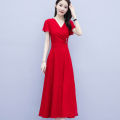 bellylady Women  Dress Fashion V-neck Short-sleeve Skirt Solid Color Waist-ing Long Skirt color. 