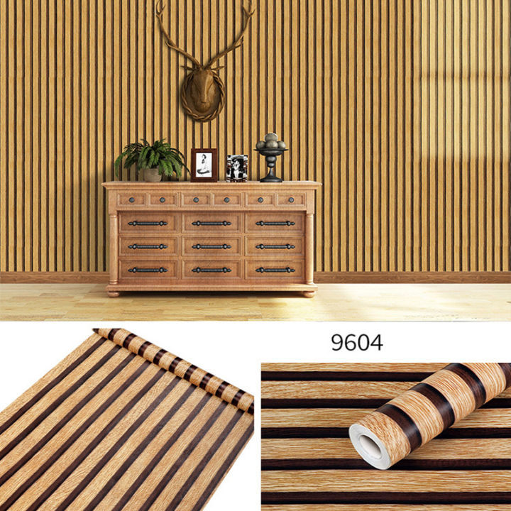 Self Adhesive Waterproof WallcoveringLiving Room Wall Decor 3D Wood Stripes Waterproof Wall Sticker Continuous Retro Wallpaper