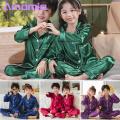 Long-sleeve Pajama Set Kids Silk Pajama Set for Boys Girls Long Sleeve Top Pants Sleepwear Kit 3-14 Years Southeast Asian Style Kids Pajama Set. 
