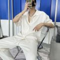 Men's Full Set One Entire Outfit ins Hong Kong Style Loose Short Sleeve Shirt Casual Trousers Summer Two-Piece Suit Tide. 