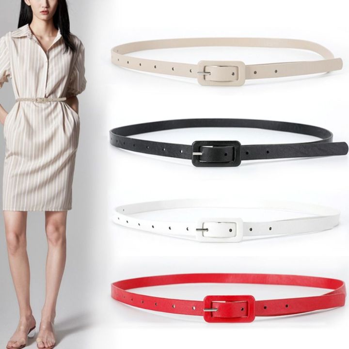 Fashion Metal Buckle PU Belt Slim Side Thin Waist Belt All-match Dress Belt Candy Color Waistband Ladies/Girls