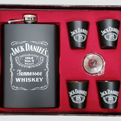 Portable Stainless Steel Jack Daniels Hip Flask with Funnel and four Cups 9OZ