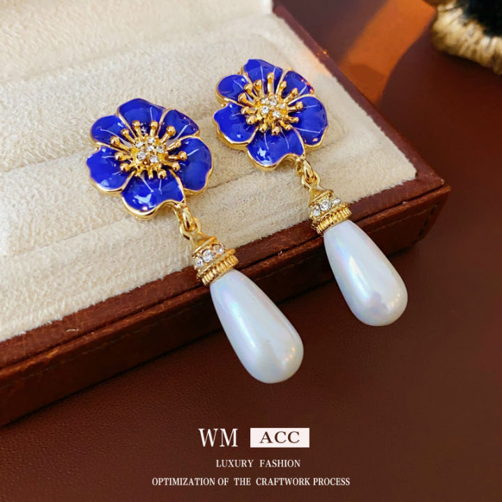 Silver Needle Flower Drop Oil Rhinestone Pearl Earrings French High Sense Water Drop Earrings Retro Affordable Luxury Graceful Earrings Female