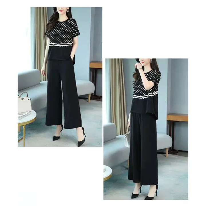 Yfashion%202%20Pcs%20Women%20Outfits%20Polka%20Dot%20Printing%20Stitching%20Short%20Sleeve%20T-shirt%20Long%20Wide%20Leg%20Pants%20Fashion%20Casual%20Sportswear%20Suit%20%5Cu989c%5Cu8272%20-%20Image%204