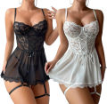 Yfashion 2 Piece Women Lingerie Lace Babydoll Lingerie Sets With Garter Belts V Neck Chemise Nightdress With Thong. 