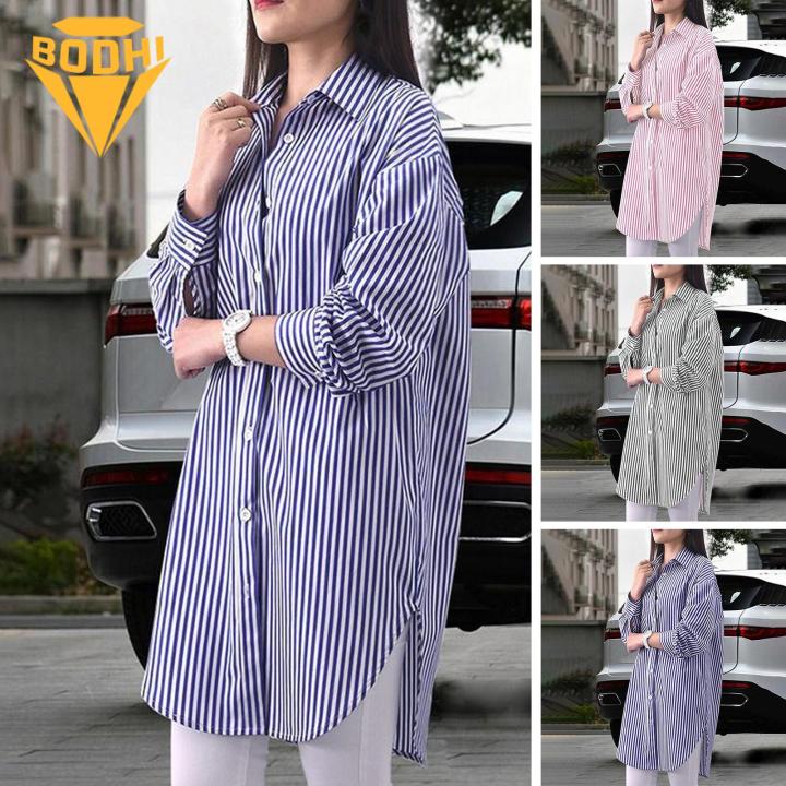 Korean Style Blue Lapel Shirt Striped Print Loose Split Hem Long Sleeve  Blouse for Women Spring/fall Fashion Women Shirt | Daraz.lk