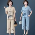 Mom Summer Clothes Cotton and Linen Suit Western Style Youthful-Looking 50-60 Middle-Aged and Elderly Women Loose Short Sleeve T T-shirt Top Two-Piece Set. 