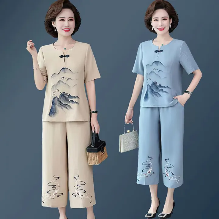 Mom%20Summer%20Clothes%20Cotton%20and%20Linen%20Suit%20Western%20Style%20Youthful-Looking%2050-60%20Middle-Aged%20and%20Elderly%20Women%20Loose%20Short%20Sleeve%20T%20T-shirt%20Top%20Two-Piece%20Set%20-%20Image%203