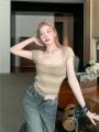 Korean Style Mixed Color Stripe Short Knitted T T-shirt Women's Summer New High Waist Bare Midriff Slim Fit All-Match Short-Sleeved Shirt Fashion. 