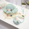 Kids Girls Large Wide Flower Straw Woven Sun Protection Beach Hat Colorful Sunscreen Ball Summer Floppy Bucket Cap Portable Handbag. 