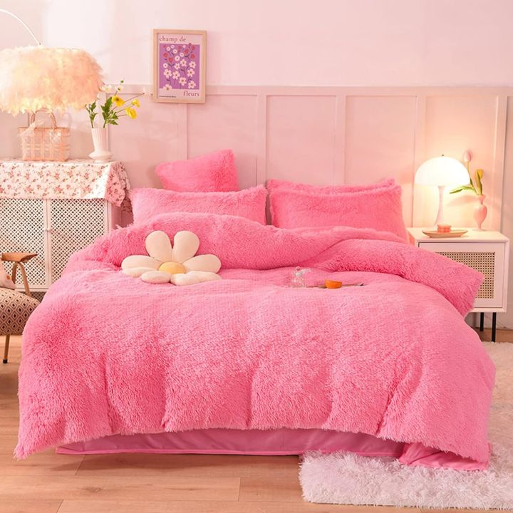 3 In 1 Fur Bed Sheet Set / Faux Fur Shaggy Comfortable Blanket (Without Padding) Home Decor Luxury Bedding Set Throw Rug Pink Color