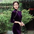 bellylady Women Cotton Velvet Cheongsam Dress Elegant Slim Fit Stand Collar Fashion Retro Solid Color Large Size Cheongsam. 