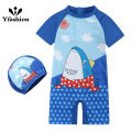 Yfashion 2 Pieces Boys Swimming Suit Cartoon Printing Sunscreen One-piece Swimsuit With Swimming Cap For Kids Aged 1-8. 