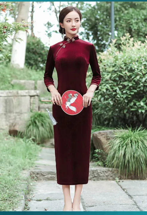 bellylady%20Women%20Cotton%20Velvet%20Cheongsam%20Dress%20Elegant%20Slim%20Fit%20Stand%20Collar%20Fashion%20Retro%20Solid%20Color%20Large%20Size%20Cheongsam%20-%20Image%203