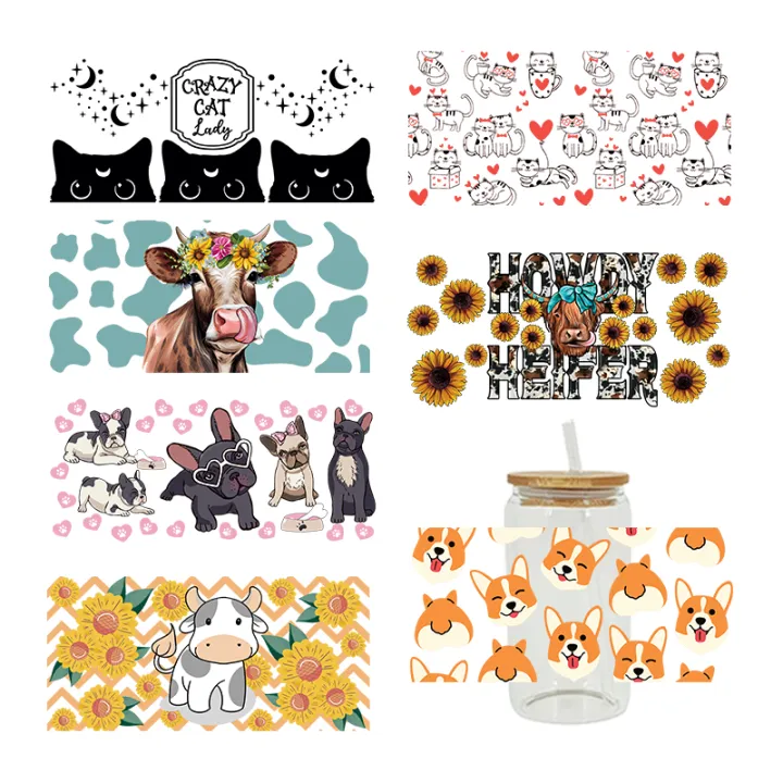 3D UV DTF Transfers Stickers 16oz Cup Wraps Cow Dog Cat Animal Printed For DIY Glass Ceramic Metal Leather Etc. D2266