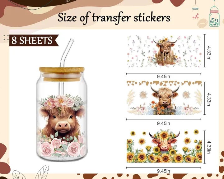 16OZ Highland Cow Design UV DTF Cup Wraps Transfer Sticker For Glass Libbey Can Bottle Selfadhesive Washable DIY Custom