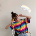 2023Summer New Korean Style Rainbow Striped Loose TopinsOnline Influencer Fashion Girl Short SleeveTT-shirt-. 