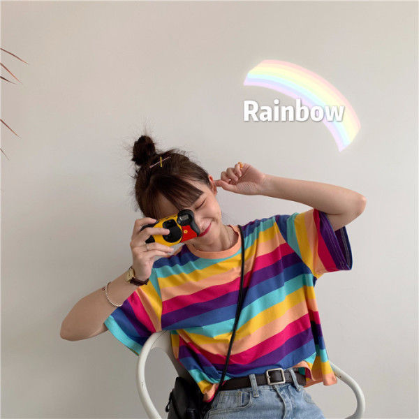 2023Summer%20New%20Korean%20Style%20Rainbow%20Striped%20Loose%20TopinsOnline%20Influencer%20Fashion%20Girl%20Short%20SleeveTT-shirt-%20-%20Image%203