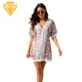 Women Swim Cover-up Boho Floral Print Beach Cover-up with Tassel Detail Sun Protection Dress for Women Colorful Print Beach Dress. 