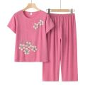 Grandma's Clothes Summer Wear Suit Printed Women's Short-Sleeved Cotton and Linen Loose Summer Clothes for the Elderly Two-Piece Set. 