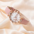 Pink Fashon Elegant Women WristWatch 6Pcs Heart Ring Necklace Earrings Bracelet Set PU Strap Ladies Quartz WristWatch No Box. 