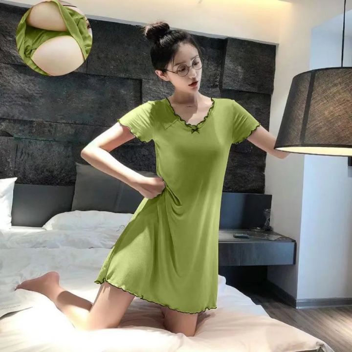 Pajamas Women's Summer One-Piece Short-Sleeved Dress with Chest Pad Mid-Length Student Cute Loungewear Can Be Worn outside