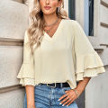Yfashion Women V-neck Ruffle Bell Sleeve Blouse Solid Color Soft Comfortable Summer Loose Top Pullover T-shirt. 