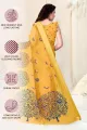 Women's Cotton Blend Satin Woven Border Designer Madhubani Printed Saree with Blouse Piece (Mustard). 