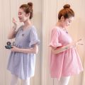 Maternity Summer Dress Short-Sleeved Top Women's Summer Korean Style Fashion Short Shirt Fashionable Mom Outer Wear Loose-Fitting Peasant Blouse Skirt. 