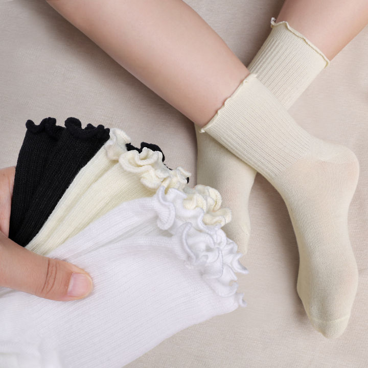 1/4Pair Women's Fashion Mid-length White Lace Mouth Thigh-high Socks Wooden Ear Cotton Wide Sock Solid Color Versatile Soft Sock