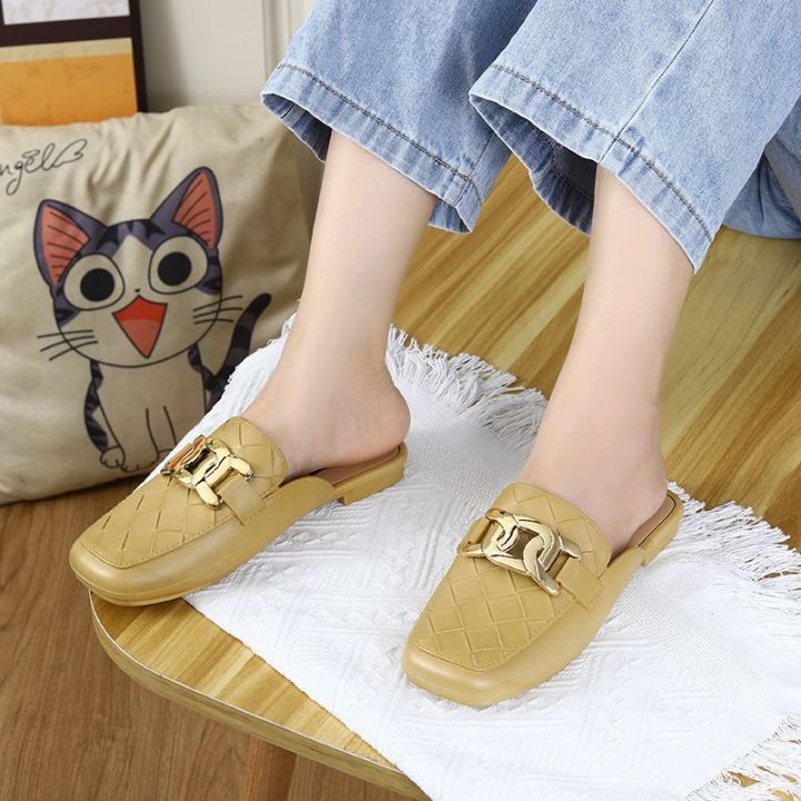 Half-Pack%20Slippers%20Women's%20Summer%20Square%20Toe%20Metal%20Chain%20Low%20Heel%20Lazy%20Mother%20Toe%20Cap%20Slippers%20Women's%20Hole%20Shoes%20Student%20Outer%20Wear%20-%20Image%203